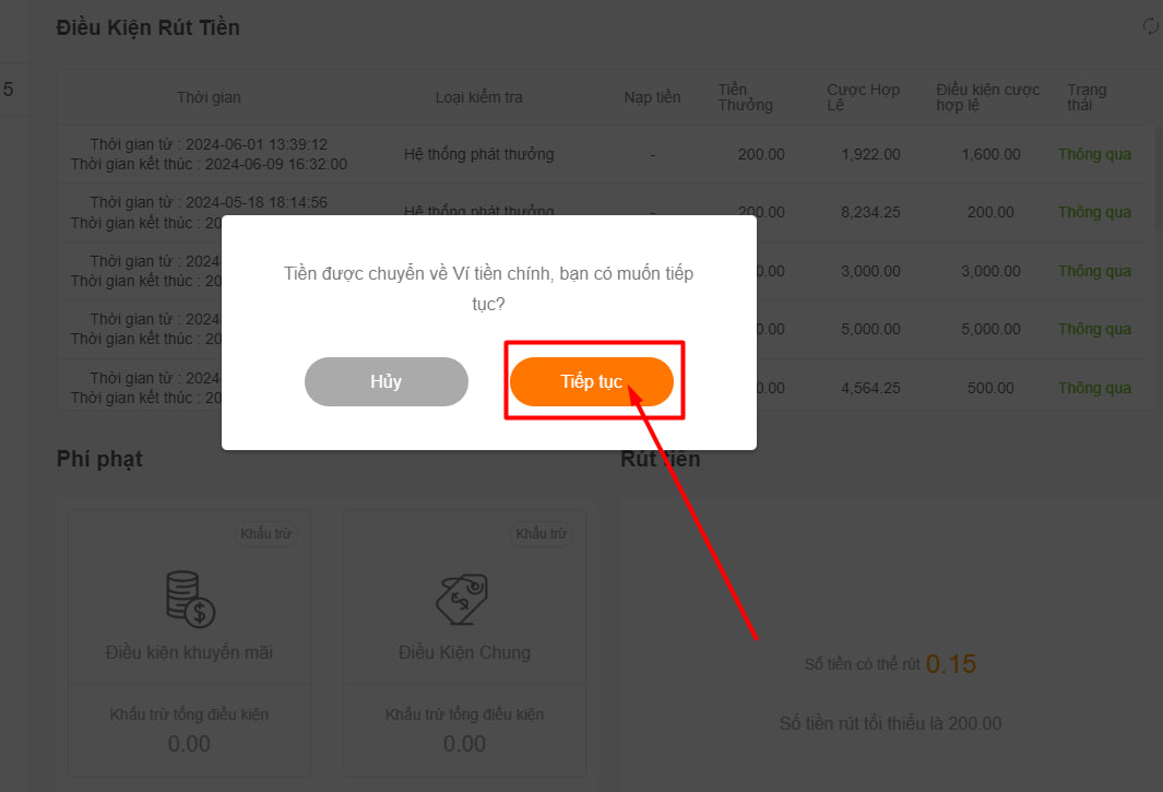 Chọn tiếp tục để chuyển tiền về ví chính