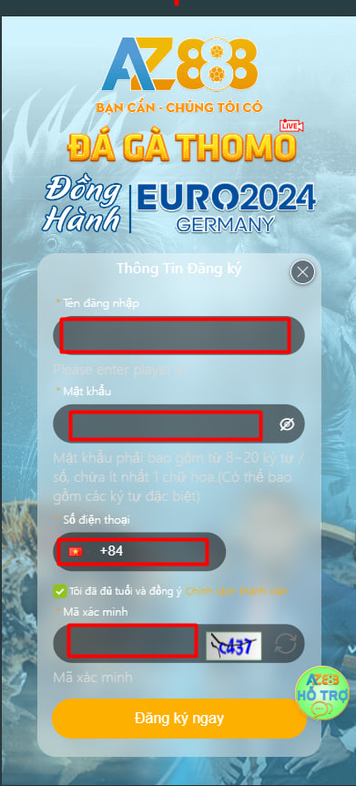 Mẫu thông tin đăng ký tài khoản AZ888