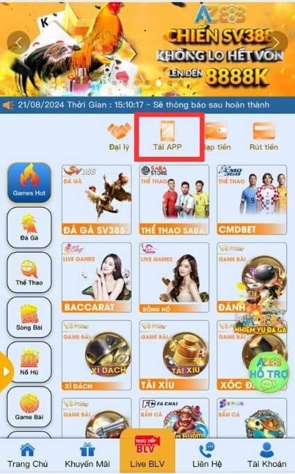 Bấm chọn tải APP tại trang chủ AZ888